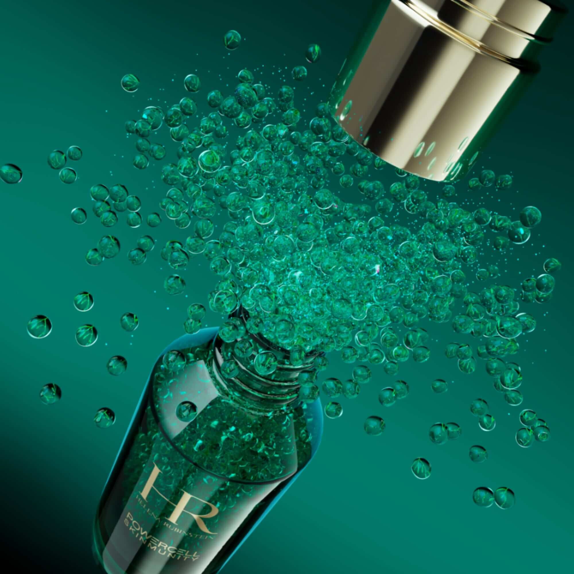 Flacone del siero Helena Rubinstein Powercell Skinmunity aperto per rivelare la sua esclusiva texture frizzante.
