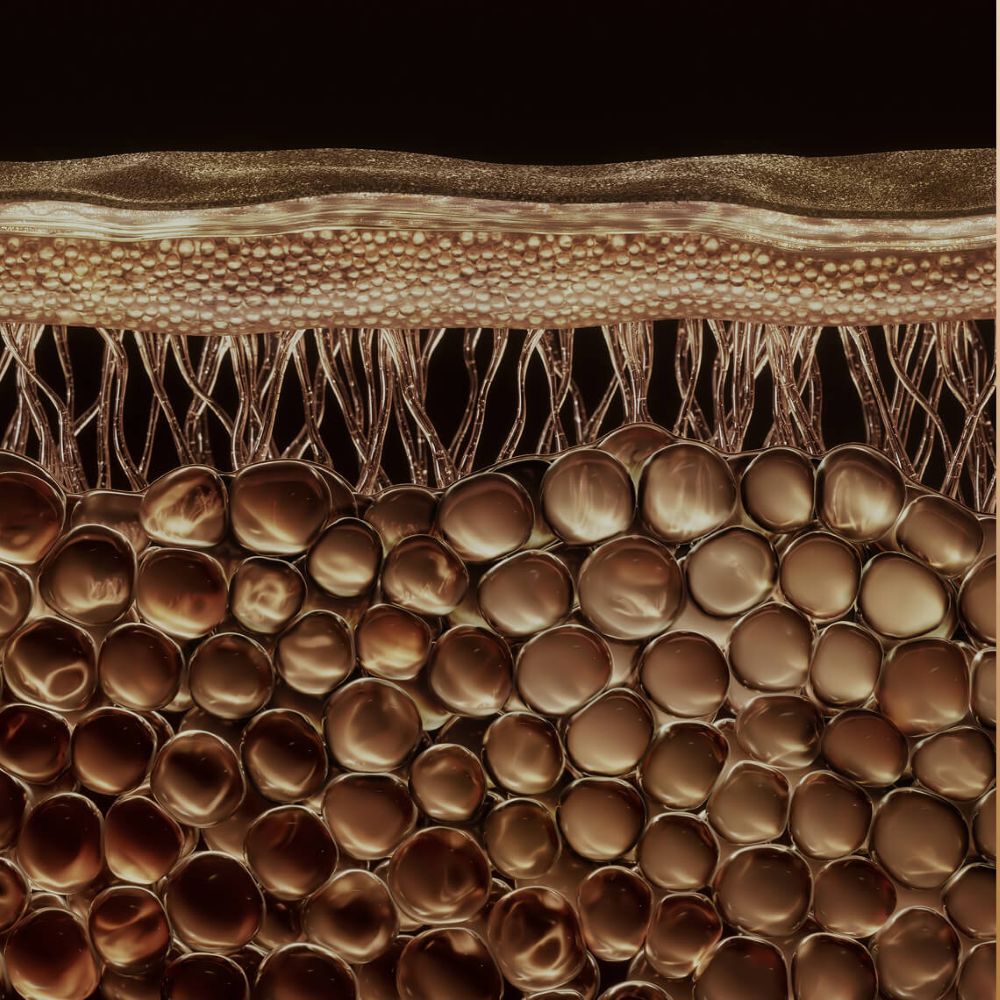 Visione microscopica dettagliata degli strati cutanei con cellule rotonde dorate, filamenti e una superficie strutturata, che evoca la complessa struttura dell'epidermide.