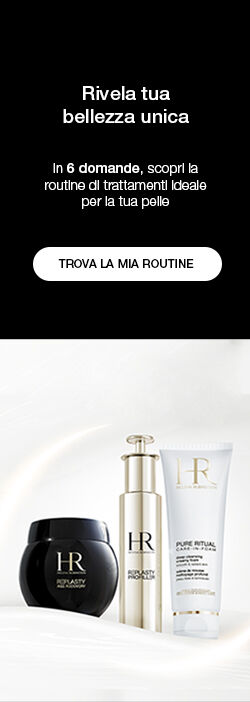 Immagine promozionale di prodotti per la cura della pelle con testo che invita a scoprire la routine ideale in 6 domande.