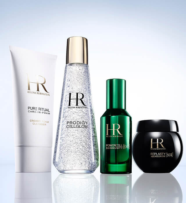 La routine di cura della pelle di Helena Rubinstein con Pure Ritual, Prodigy Cellglow, Powercell e Replasty.