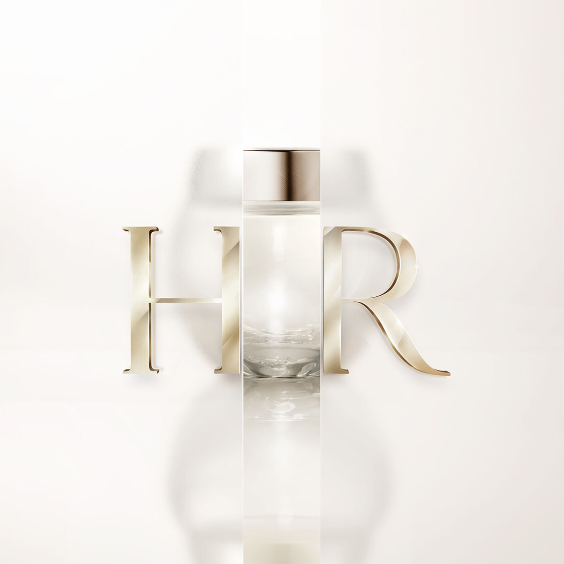 Flacone trasparente Helena Rubinstein con logo HR dorato su sfondo bianco.