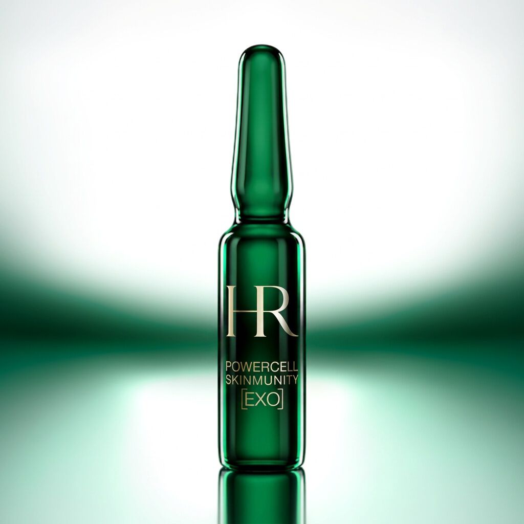 Una fiala verde Helena Rubinstein Powercell [EXO] Shot posizionata su una superficie scura riflettente, illuminata da un delicato bagliore verde su uno sfondo scuro sfumato.​